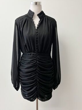 House of Harlow Black Metallic Ruched Mini Dress High Neck Long Sleeve Size 8